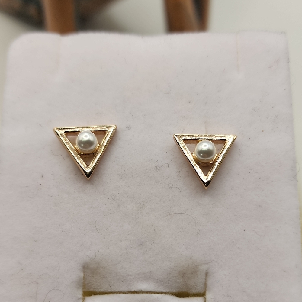 Gold Triangle Pearl Stud Earrings
